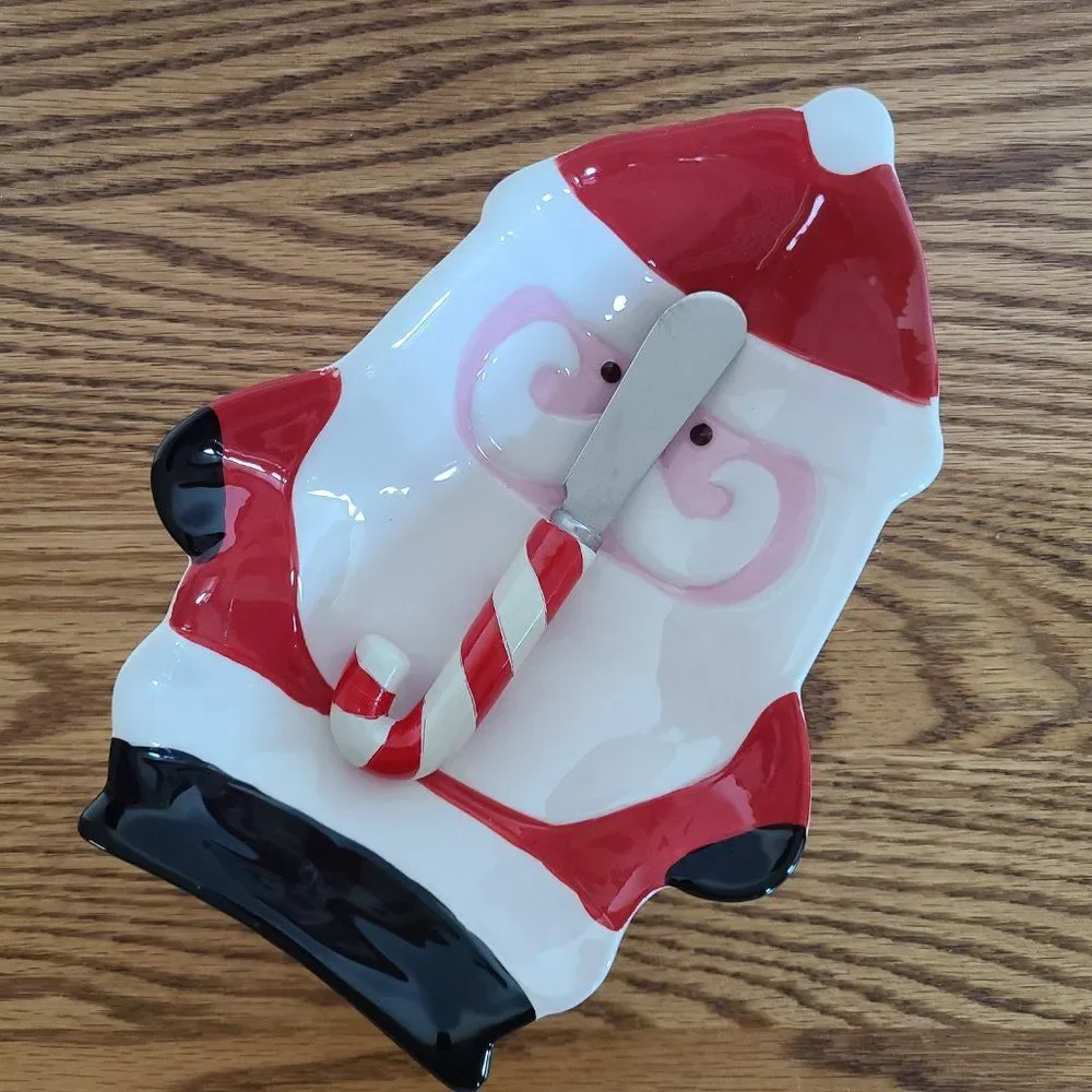 Boston Warehouse Santa Ceramic Serving Dish and Candy Cane Spreader Vintage 2006
